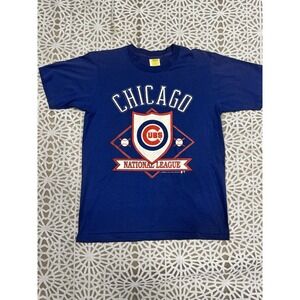 Vintage 90s Chicago Cubs T-shirt Men L Blue Single Stitch USA Made MLB Sunburst